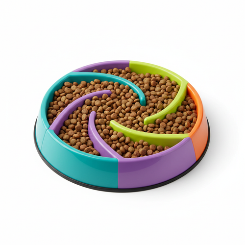 PawPace Slow Feeder Dog Bowl with maze-like ridges filled with kibble